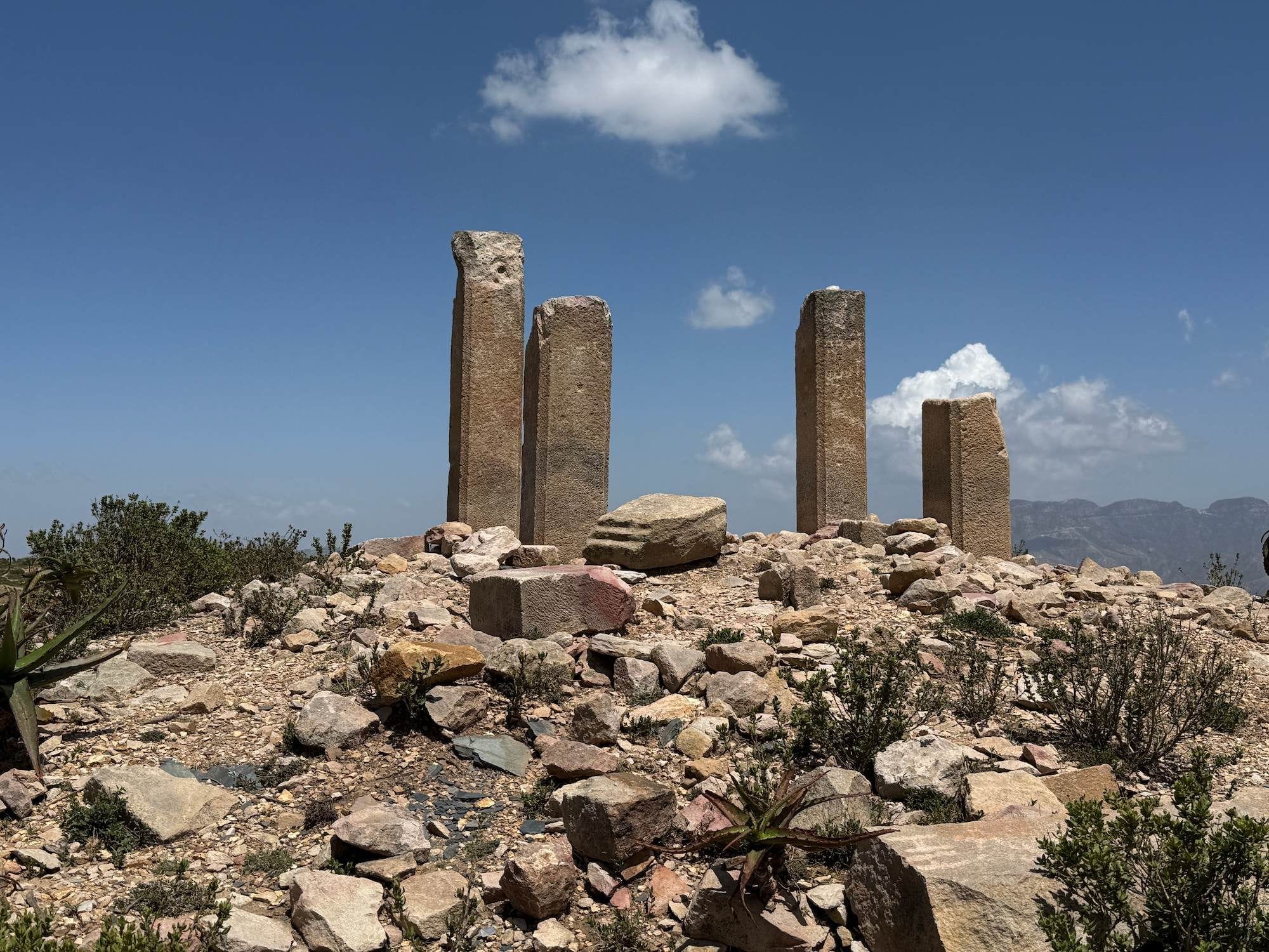 Standing stone pillars at the Qohaito archaeological site in the Eritrean highlands