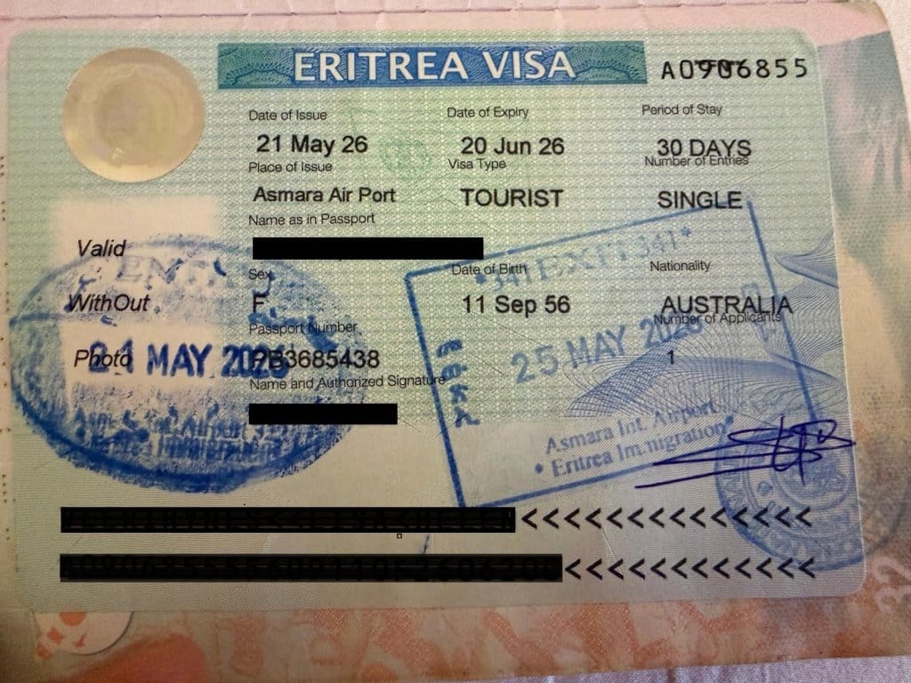 Sample Eritrean tourist visa issued on arrival at Asmara airport