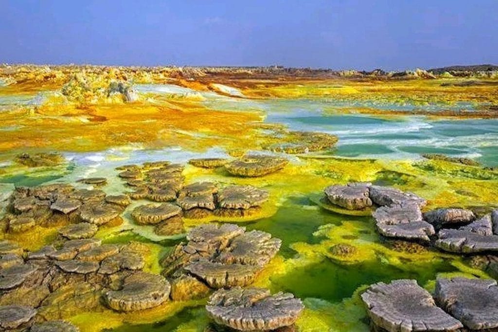 Salt formations and turquoise pools at Dallol in the Danakil Depression